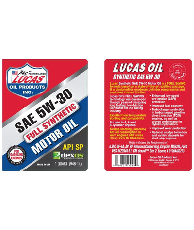 Lucas Oil Synthetic Motor Oil 1 Qt - SAE 5W-30 API SN Plus/Dexos Certified