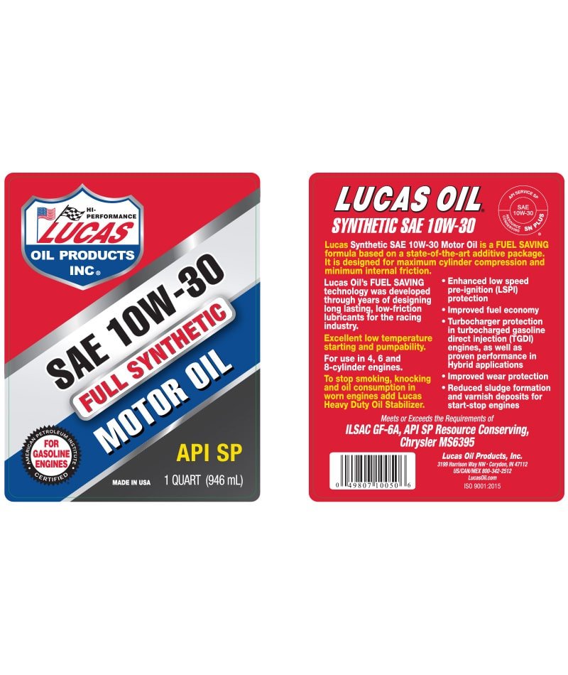 Lucas Oil Synthetic Motor Oil 1 Qt - SAE 10W-30 API SN Plus Performance