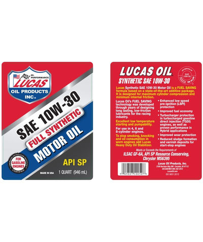 Lucas Oil Synthetic Motor Oil 1 Qt - SAE 10W-30 API SN Plus Performance