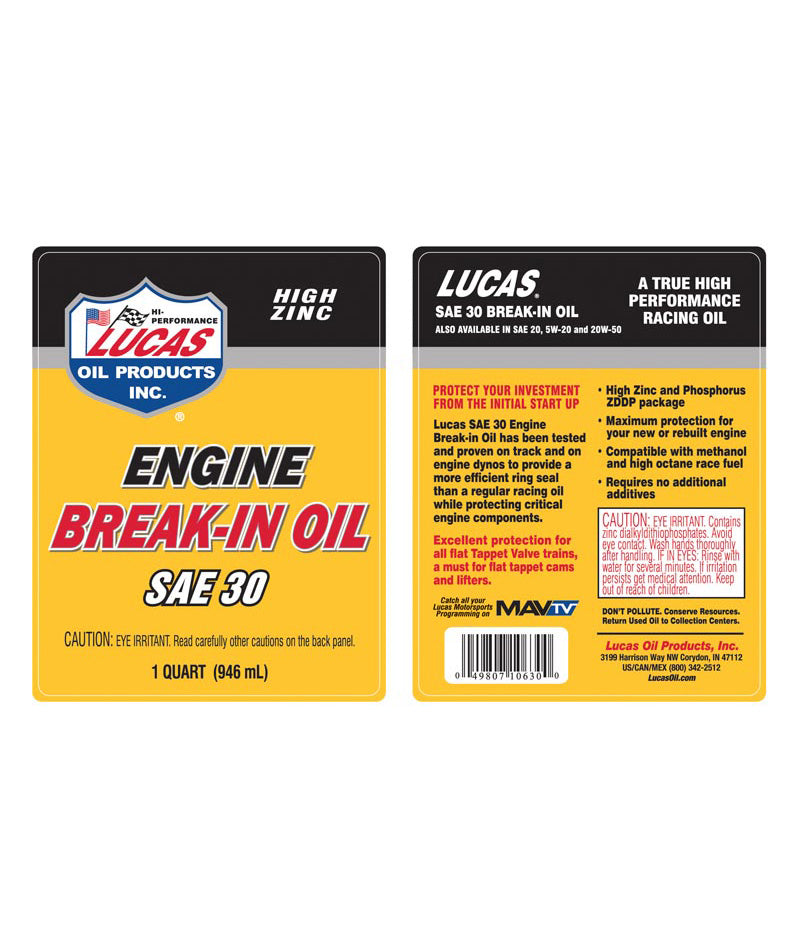 Lucas Oil Break-In Oil 1 Qt - SAE 30 for Smooth Engine Break-In Process