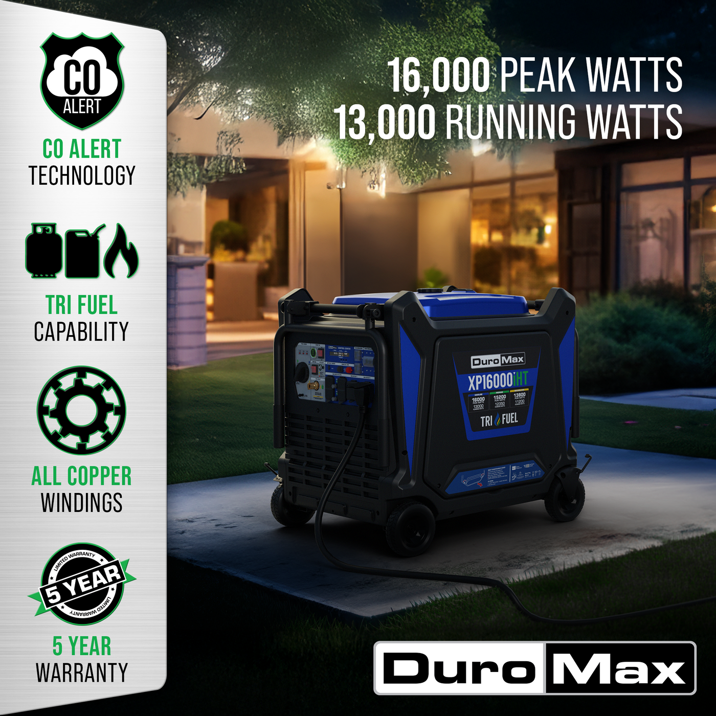 DuroMax  16,000 Watt Tri Fuel Portable Inverter Generator w/ CO Alert