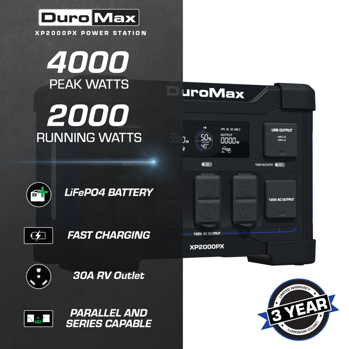 DuroMax  2000 Watt 1843 Wh LiFePO4 Portable Battery Backup Power Station