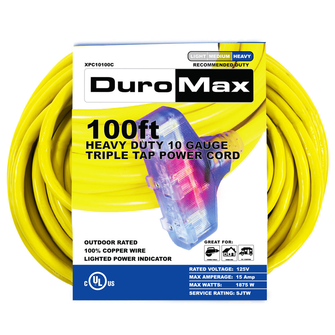 100-Foot 10 Gauge Triple Tap Extension Power Cord – XPC10100C – DuroMax  Power Equipment